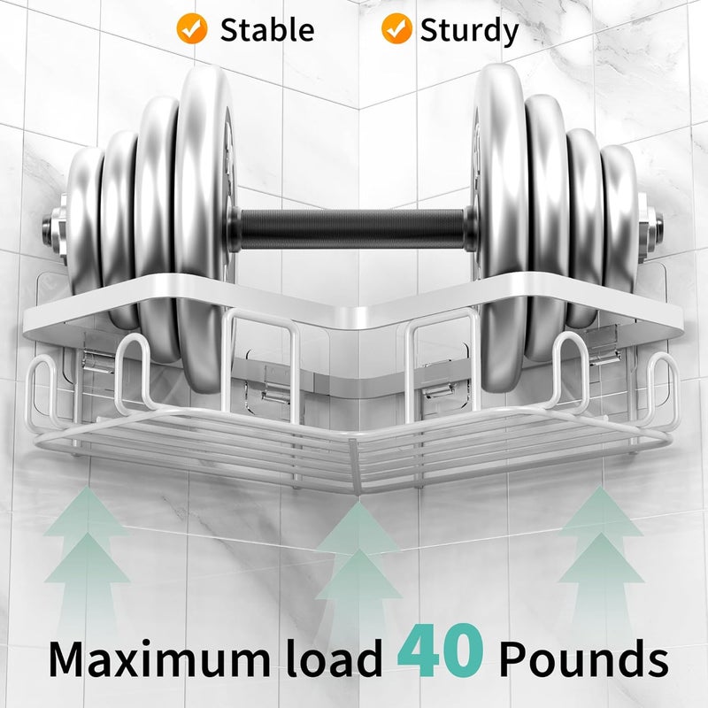 Moforoco Corner Adhesive Shower Caddy, with Soap Holder and 12 Hooks, Rustproof Stainless Steel Bathroom Organizer, No Drilling Wall Mounted Rack, Black, 3-Pack(White) - Image 5